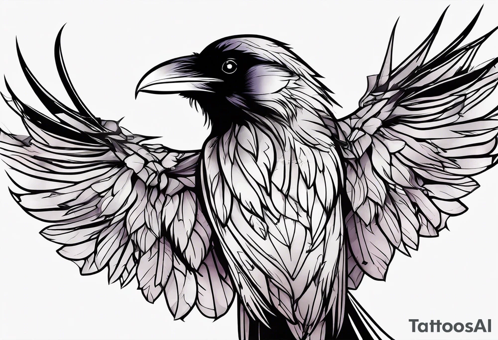 Raven outline with fewer feather details tattoo idea