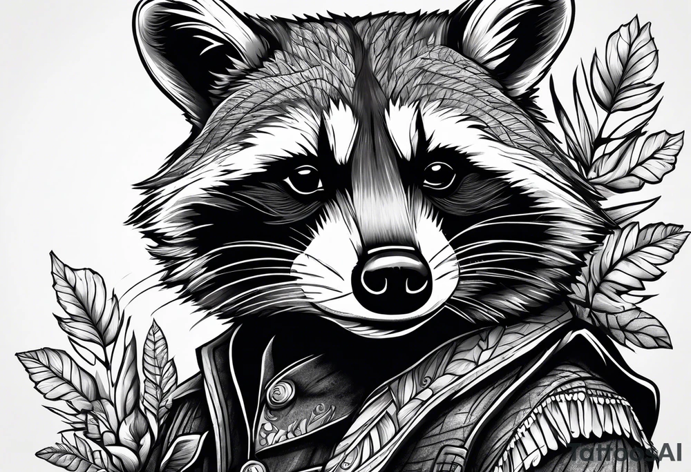 Very detailed Raccoon Husband with wife and 3 sons.
Background modern House between woods tattoo idea