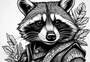 Very detailed Raccoon Husband with wife and 3 sons.
Background modern House between woods tattoo idea