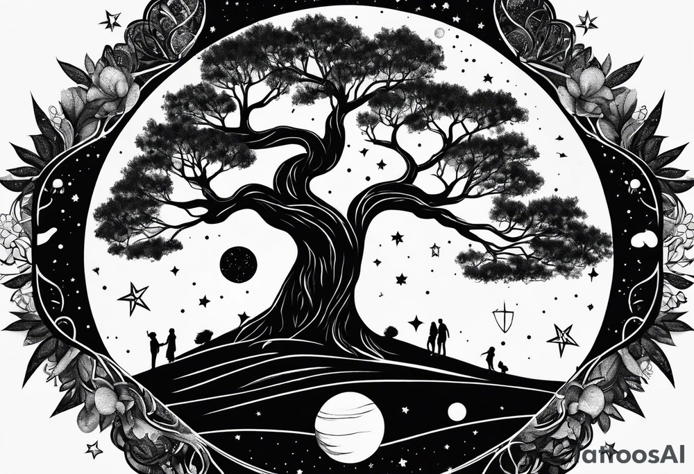 psychology theme, tree of life, milk way galaxy, planets tattoo idea