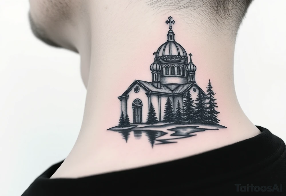 medium sized russian orthodox dome church with a separated virgin mary with a lake and pine trees tattoo idea