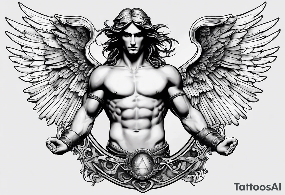 a chest piece that slightly subtly extends to left shoulder
archangel michael with a mix of davinci style tattoo idea