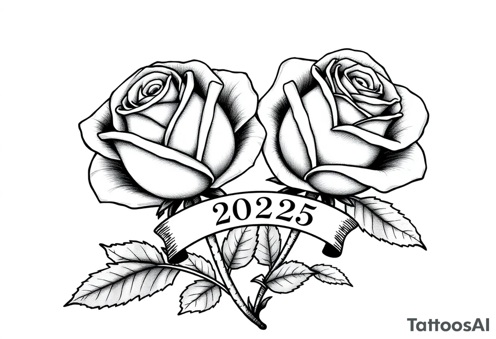 two beautiful large rose buds, one larger than the other, with lots and lots of leaves next to the rose buds, with one sitting slightly higher than the other, side-by-side.  Include a banner connecting the two roses with the year 2025 on it.   Use dark outlines with little shading. Remove all stems from the roses. tattoo idea