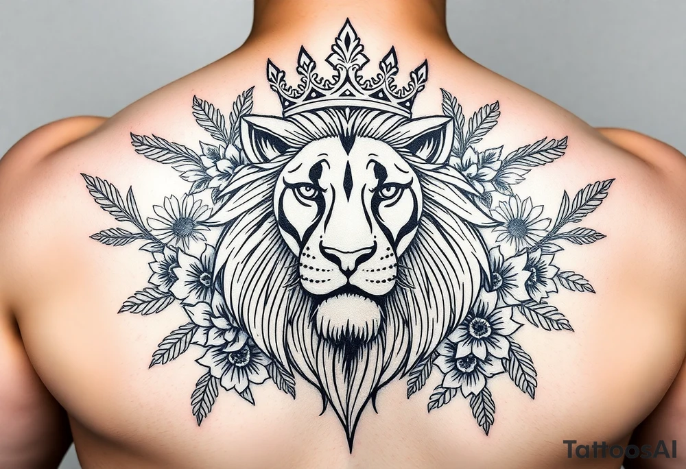 powerful majestic lion with a crown, surrounded by floral ornaments and birds tattoo idea