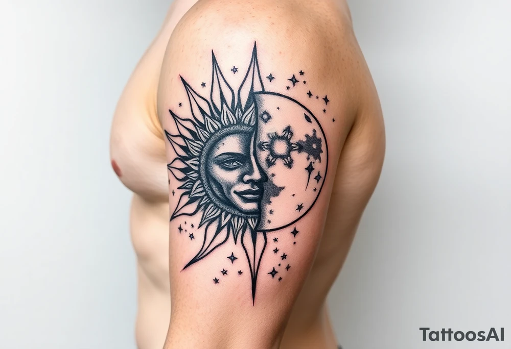 celestial sun and moon embrace with constellation patterns tattoo idea