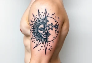 celestial sun and moon embrace with constellation patterns tattoo idea