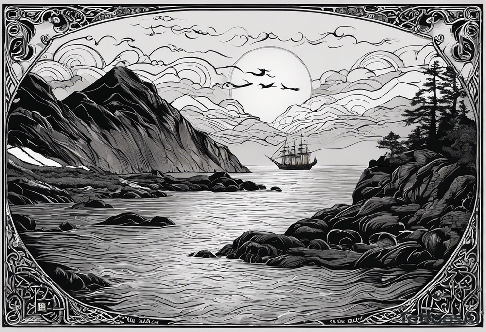 Design me a tattoo for an upper left arm half sleeve, with the script "Áit éigin taobh thall den farraige, áit éigin ag fanacht dom" and I was thinking originally to be over a coast scene (image uploaded) from a special place. Make it in the style of Viking or celtic designs incorporated into the design with a rune, but the text is a must tattoo idea