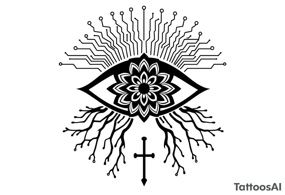 Central Element: A large, stylized eye is the focal point.

The iris of the eye is filled with a mandala pattern, symbolizing depth, balance, and inner awareness.

The lines are fine and clean, forming symmetrical layers and floral-like geometry within the mandala.

Upper Design: From the top of the eye extend circuit-like branches, mimicking electronic pathways.

These lines rise vertically and diagonally in symmetrical fashion, ending in rounded circuit nodes, representing intelligence, logic, and the digital mind.

Lower Design: From the bottom of the eye extend natural tree roots.

These branches flow organically and curve outward, grounding the symbol with themes of nature, growth, and spiritual connection.

Text Element: Below the tree roots is the word "σοφία" in Ancient Greek, meaning wisdom.

The font is clean and classical, giving it a timeless, philosophical presence.

Religious Symbol: Directly below the Greek word is a simple, black cross.

The cross is thin, minimal, and vertically aligned with the center of the eye, representing faith, spirituality, or divine guidance.

Placement: back tattoo idea