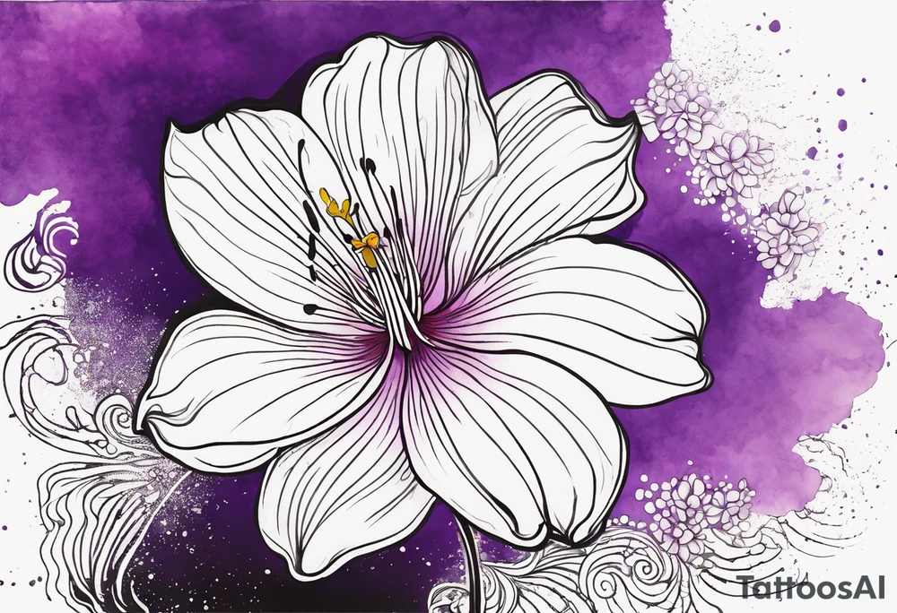 An outline of a rio dipladenia flower with a mystical green/purple watercolor splash in the background tattoo idea