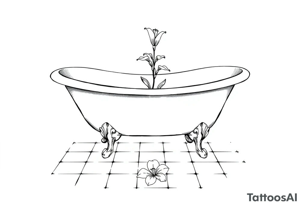 Clawfoot bathtub with lily coming up from tile floor tattoo idea