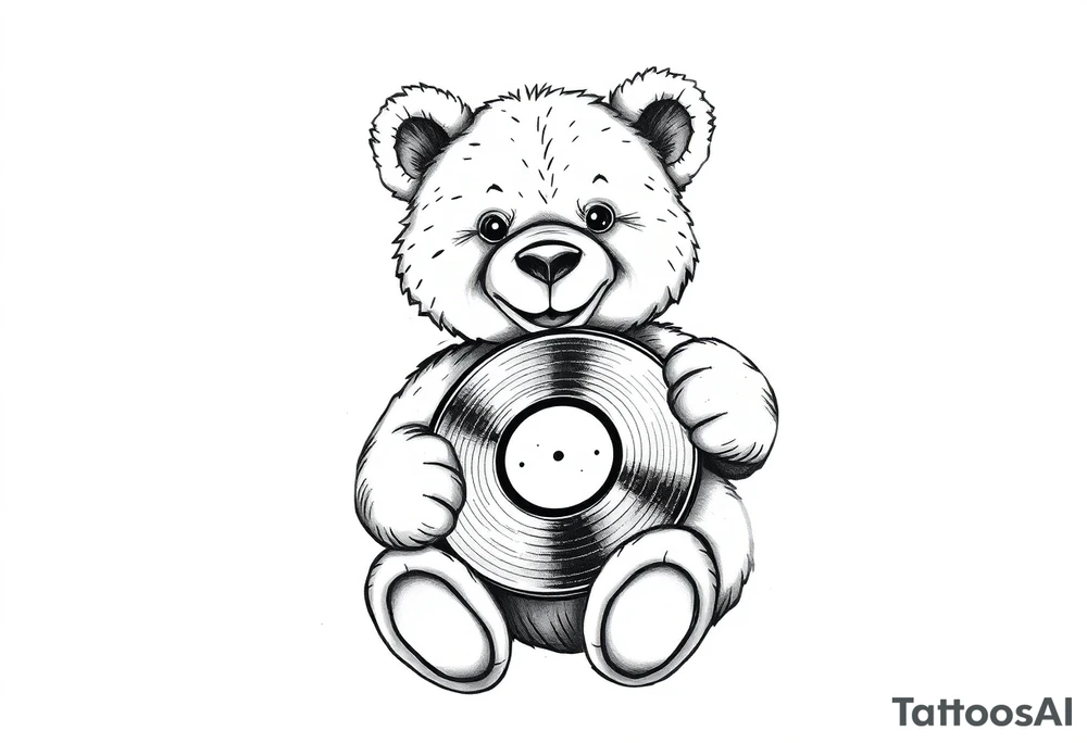 smiling teddy bear holding a vinyl record tattoo idea