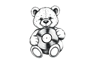smiling teddy bear holding a vinyl record tattoo idea