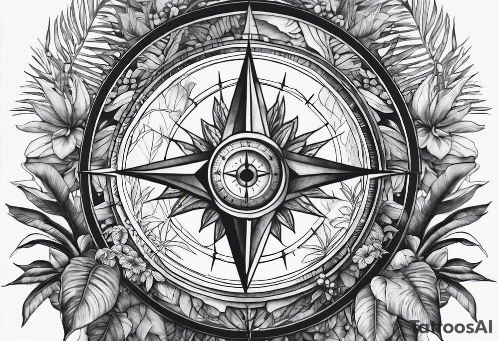 jungle plants, compass, all-seeing eye tattoo idea