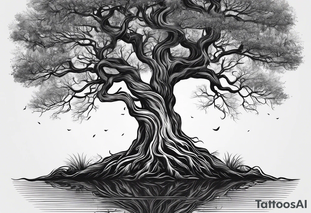 a narrow tree with roots with the text of "Deep roots are not reached by the frost." around it tattoo idea