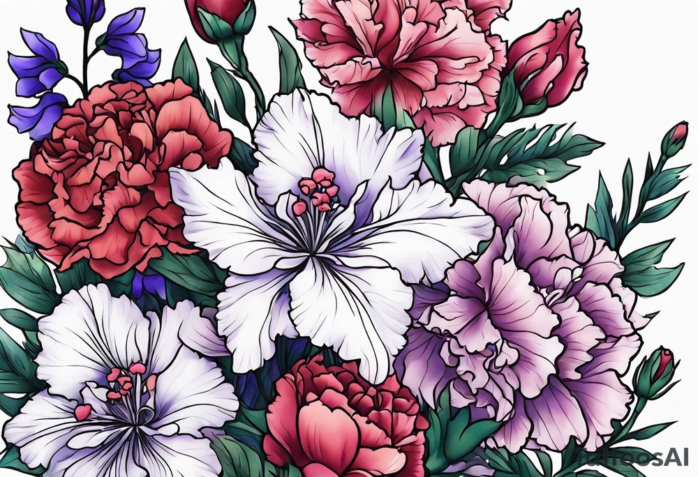 Larkspur flowers and carnation flowers in all color tattoo idea
