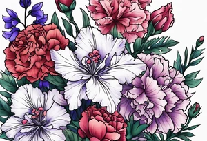 Larkspur flowers and carnation flowers in all color tattoo idea