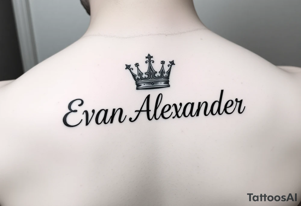 Name tattoo that says Evan Alexander with a crown on forearm tattoo idea