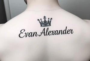 Name tattoo that says Evan Alexander with a crown on forearm tattoo idea