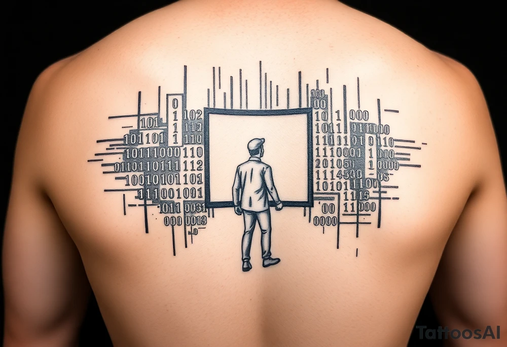 Tattoo of a person made of binary numbers walking into a terminal window tattoo idea