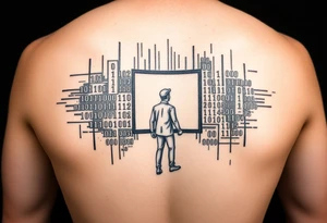 Tattoo of a person made of binary numbers walking into a terminal window tattoo idea