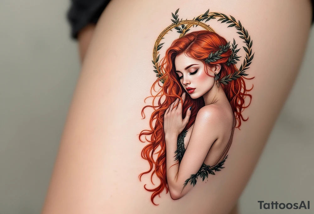 Alfons Mucha’s dreamy maiden with cascading red hair, embraced by copper-toned halos and intricate olive branches. tattoo idea