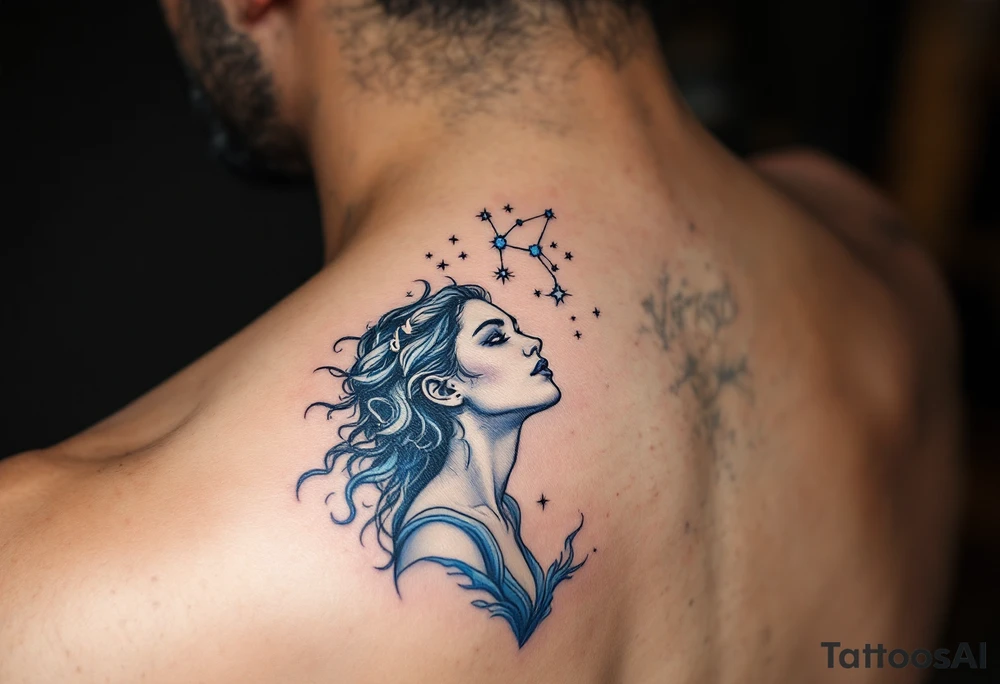 A Virgo maiden inked in sky blue gazes upward at her constellation, drawn in white above her head. tattoo idea