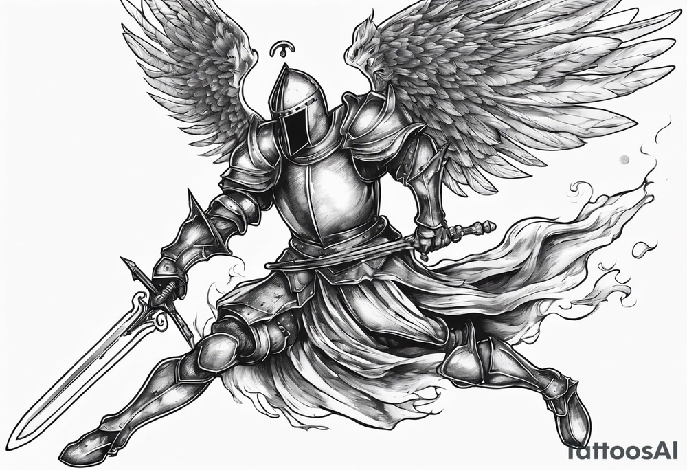 A Winged Paladin Knight in mid-air with his sword about to attack. tattoo idea