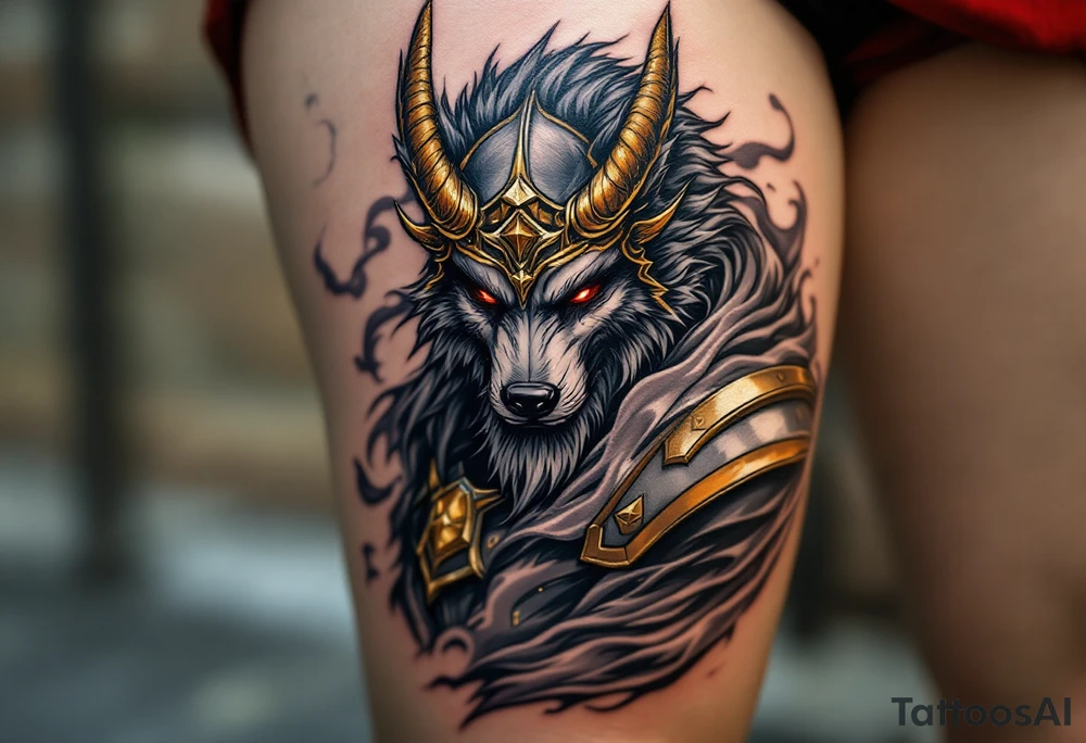 Radegast – A fierce full body warrior god with a wolf head, wearing a golden horned helmet, his armor shimmering in silver-gray, with blood-red eyes and smoke behind. tattoo idea