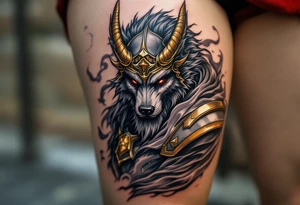 Radegast – A fierce full body warrior god with a wolf head, wearing a golden horned helmet, his armor shimmering in silver-gray, with blood-red eyes and smoke behind. tattoo idea
