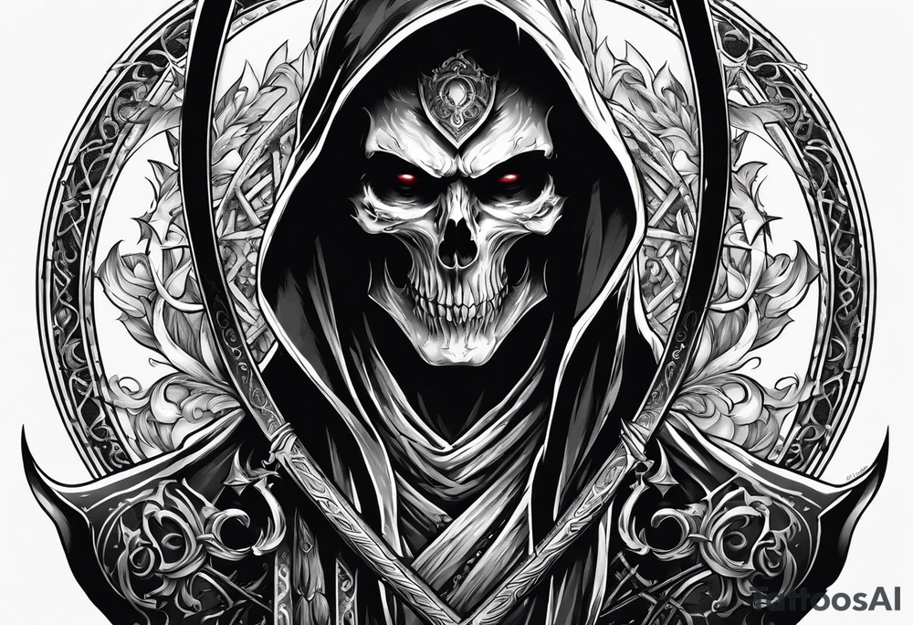 necromancer guy with Scythe and white eyes small tattoo tattoo idea