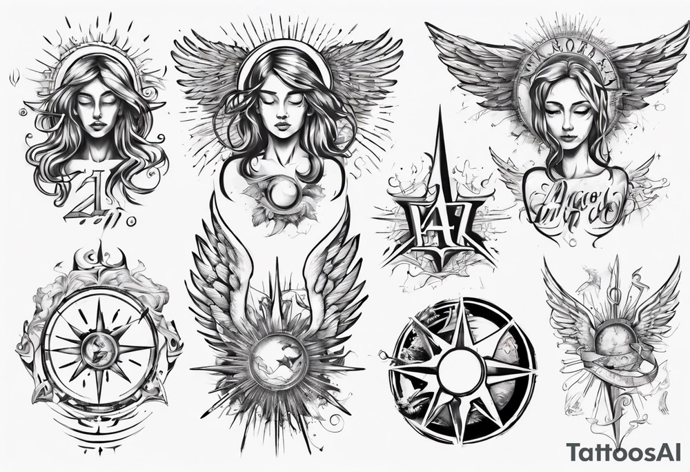 abstraction with sun and letters and angels tattoo idea