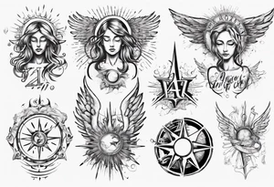 abstraction with sun and letters and angels tattoo idea