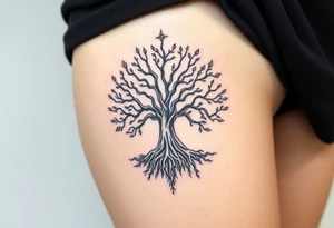 mystical tree of life with cosmic roots and celestial branches tattoo idea