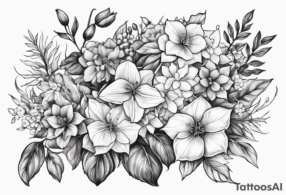 Hydrangea, Narcissus, Poinsettia, Holly, Gladiolus, Poppy, Daisy, Sweet Pea floral bouquet tattoo idea