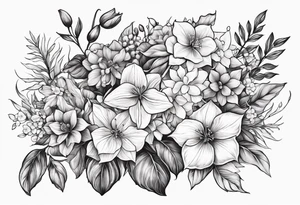 Hydrangea, Narcissus, Poinsettia, Holly, Gladiolus, Poppy, Daisy, Sweet Pea floral bouquet tattoo idea