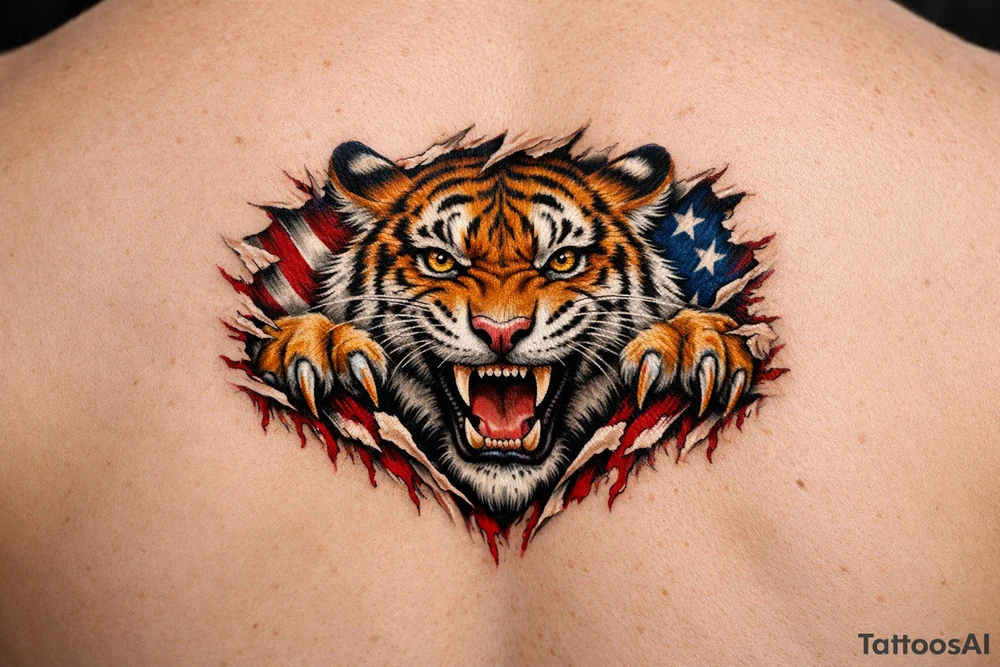 Tiger ripping throught the chest with the American Flag in the background. Almost like the Amercian Flag is the blood of the body. Make it bigger and add color. The tiger should be more front. So the ears are out from the body. Bigger. This is on the chest. Not the back. tattoo idea