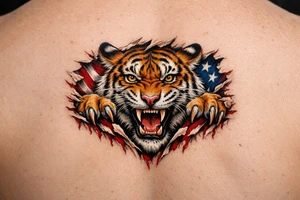Tiger ripping throught the chest with the American Flag in the background.  Almost like the Amercian Flag is the blood of the body.  Make it bigger and add color.  The tiger should be more front.  So the ears are out from the body.  Bigger.  This is on the chest.  Not the back. tattoo idea