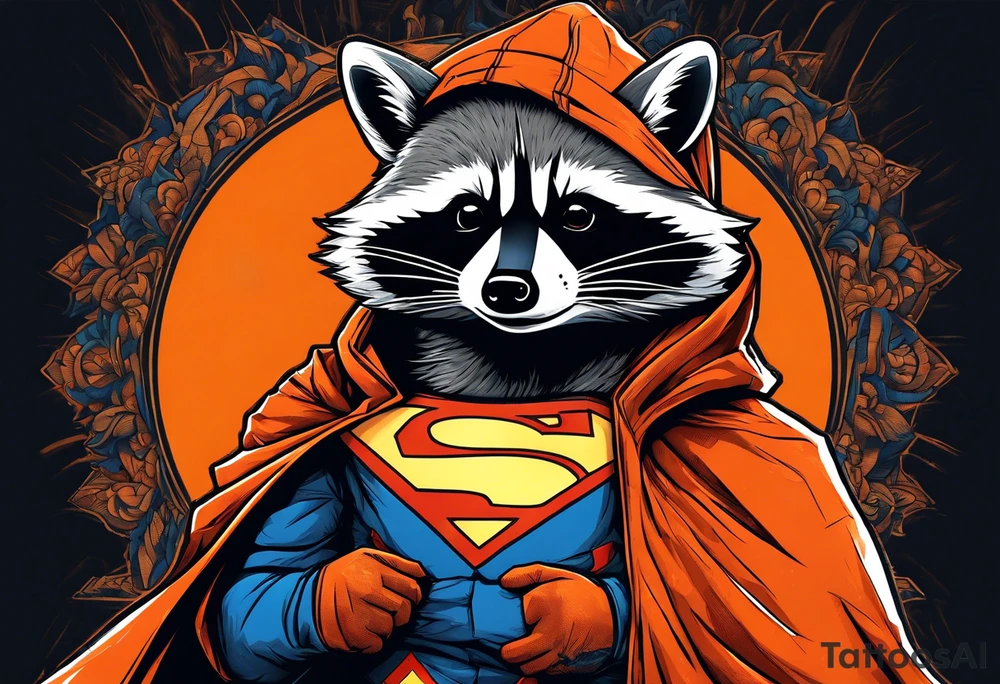 Raccoon wearing an orange Superman hoodie tattoo idea