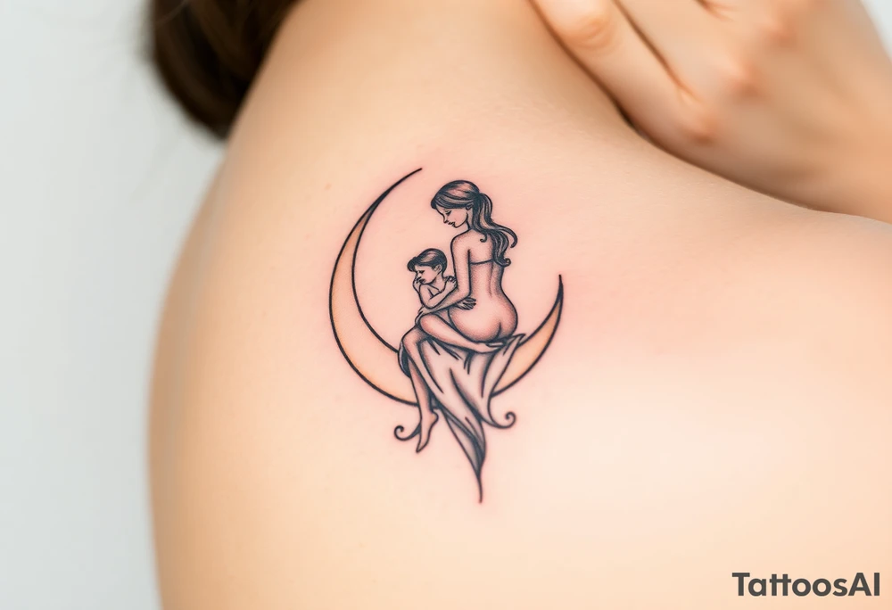 A mother and child sitting on a crescent moon tattoo idea
