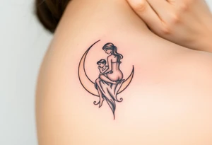 A mother and child sitting on a crescent moon tattoo idea