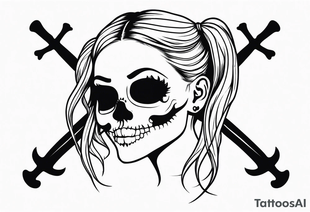 feminine skull and cross bones with hair in two blonde pigtails tattoo idea