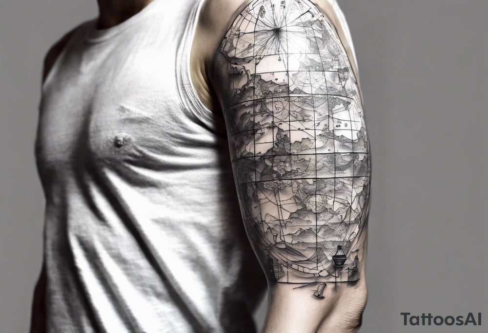 full arm tattoo for man with images of maps and travel and science tattoo idea