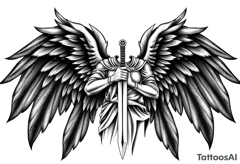 Holy Archangel, Biblical, Christianity, Archangel Michael, Hebrew, Guards of Christianity, Holding a sword, having six wings, seraphim, faceless tattoo idea