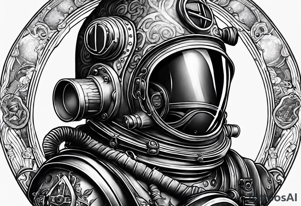 make a full sleeve nautical tattoo design including a deep sea diver with a Mark V diving helmet tattoo idea