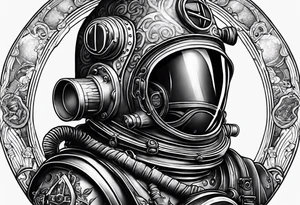 make a full sleeve nautical tattoo design including a deep sea diver with a Mark V diving helmet tattoo idea
