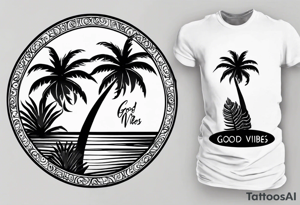 a minimalist tattoo of a sun and a palm tree with the words good vibes below it, make it only small and can fit in a circle tattoo idea