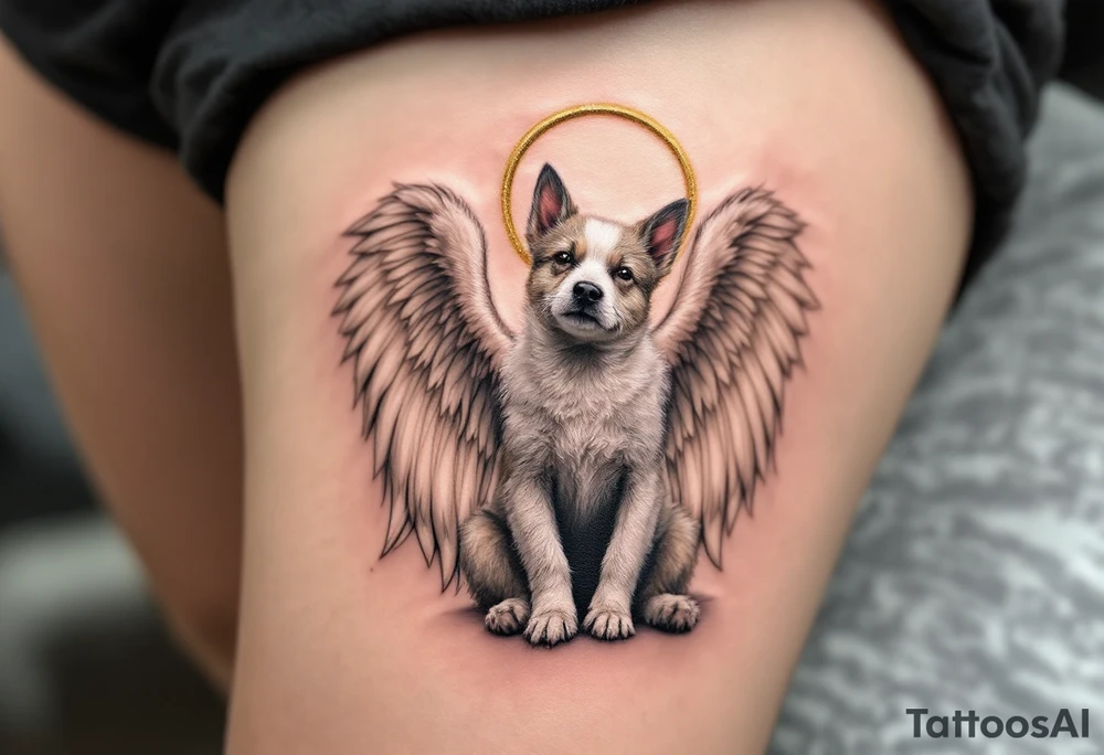 Angel Stafford Tribute – A Stafford with soft white wings and a golden halo, sitting peacefully, ideal as a memorial tattoo. tattoo idea