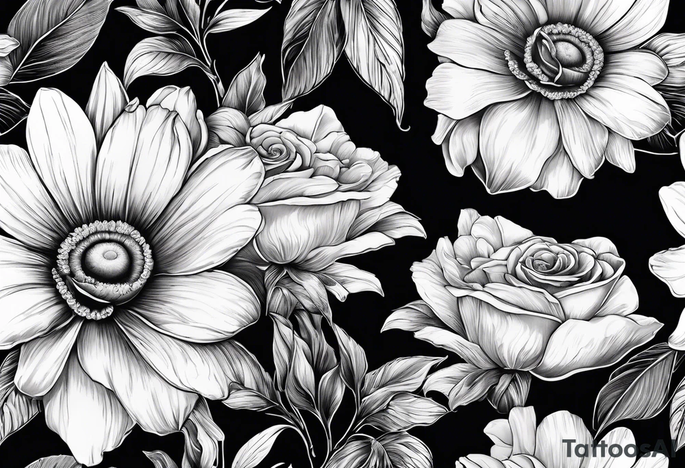 A sleeve of a single daisy and a rose with poppies and gladiolus flowers weaving through the daisy and rose tattoo idea