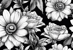 A sleeve of a single daisy and a rose with poppies and gladiolus flowers weaving through the daisy and rose tattoo idea