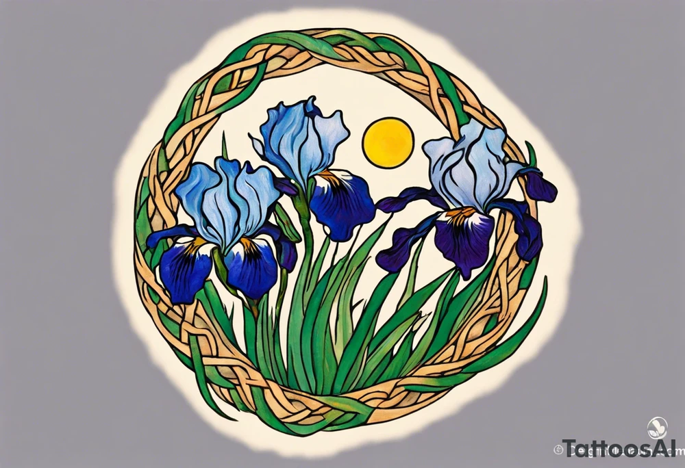 Create a small colorful Vincent van Gogh Irises tattoo in the form of a crescent, with vines or Celtic knots gracefully intertwining at a central point in the middle of the wreath.  In the middle of the wreath are mountains and other items found in New Mexico. Ensure that the design avoids the appearance of a bush and maintains a more structured and deliberate arrangement. The intended placement is on the upper chest. The overall design should be small in size while maintaining a delicate and artistic aesthetic. Pay attention to the graceful flow of the vines and the placement of the irises to achieve a refined and elegant look. tattoo idea